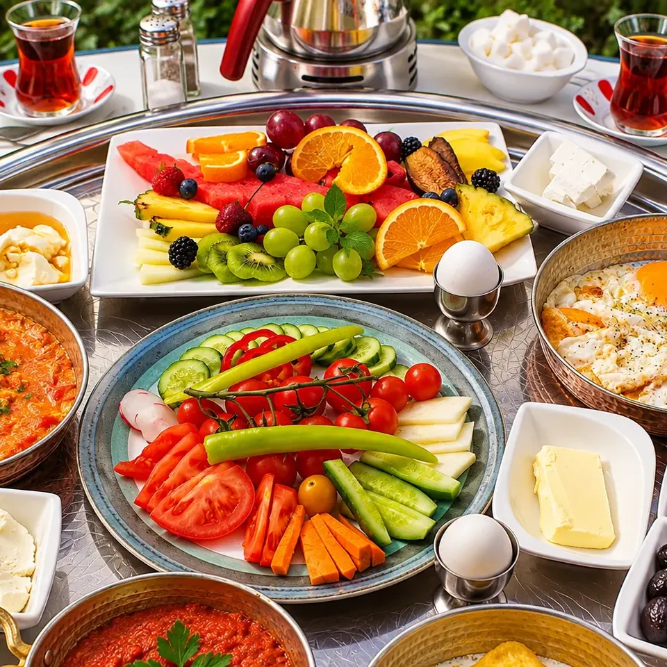 Türkischer Frühstückstisch mit vielen Schälchen von oben