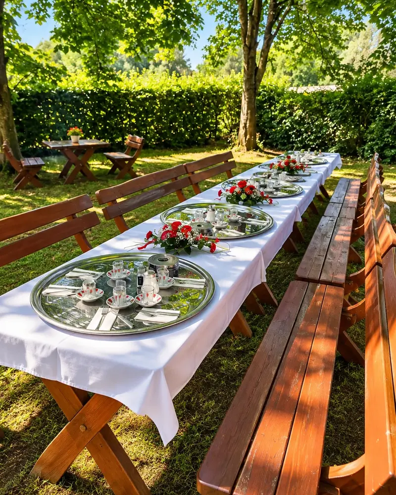 Lange gedeckte Tafel mit Frühstückstabletts im Garten